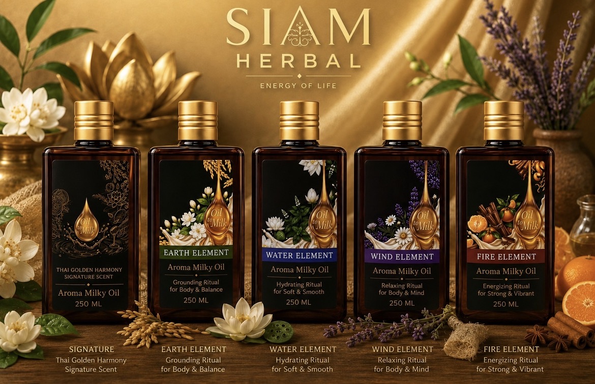 ภาพรวม Siam Herbal Aroma Milky Oil ทั้ง 5 กลิ่น Signature, Earth, Water, Wind และ Fire